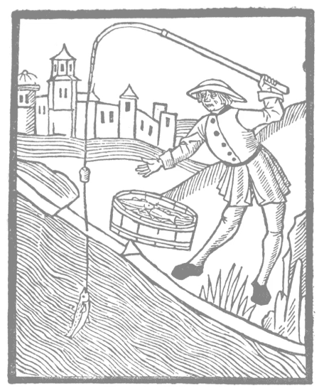 A stamped illustration of an angler with rod, line and hook beside a river, a walled town behind him